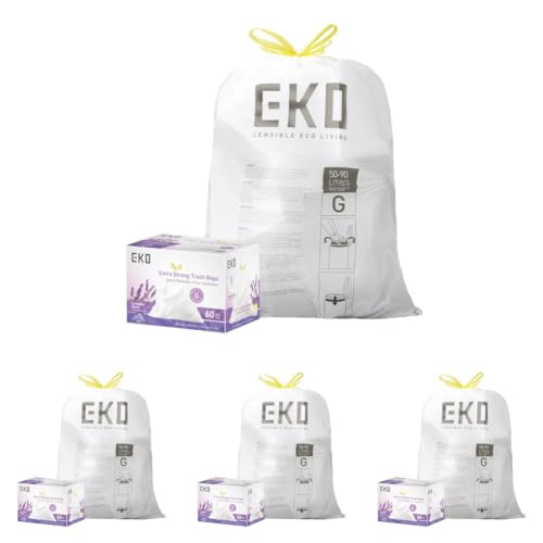 Image of EKO 21 Gallon / 50-90 Liter, Drawstring Trash Bags, Extra-Strong Garbage Bags,Lavender Scent with Continuous Odor Control, Easy-Dispense Roll -Kitchen&Household Use,CodeG, White 60 Count (Pack of 4)