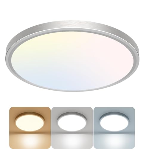 Image of libtit 12 inch Flush Mount LED Ceiling Light Fixture, 3000K 4000K 6500K Adjustable, 28W 3200lm Brushed Nickel Satin Round Lighting Fixtures for Bathroom Shower Hallway Kitchen