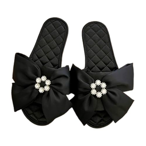 Women's Flat Slippers Satin Open-Toe Bow Rhinestone Pure Color Bridal Flips Hand Sewn Slides Shower Wedding Home Flops House Shoes(39/40 EU, Black)