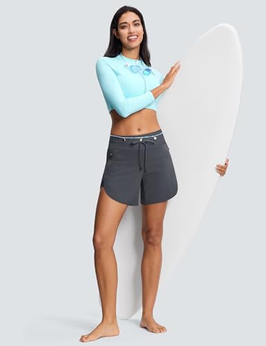 ISEEGZ Womens 5.5" Swim Shorts High Waisted Board Shorts with Pockets Quick Dry UPF 50+ Beach Shorts with Liner