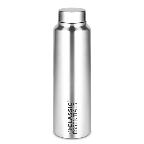 Image of CLASSIC ESSENTIALS Spring Stainless Steel Single Walled Fridge Water Bottle (1000ml,Silver) Leakproof BPA free Lids,Great For Travel,Picnic,Camping Etc.