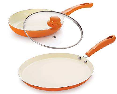 Image of NIRLON Kitchenware Ceramic Non-Stick Induction 3 Pieces cookware Combo Set (Dosa Tawa & Frying Pan) Brown /Orange Colour May Vary