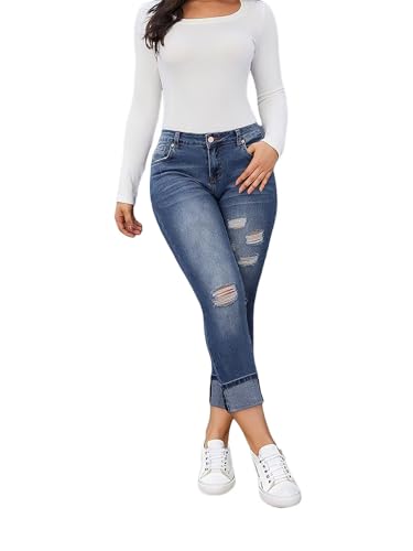 Flamingals Women's Curvy Capri Jeans Skinny Stretchy Butt Lifting Jeans Ripped Denim Jeans4