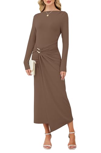 Women's Long Sleeve Bodycon Maxi Dress Elegant Mock Neck Ruched Waist Formal Wedding Guest Cocktail Party Long Dresses