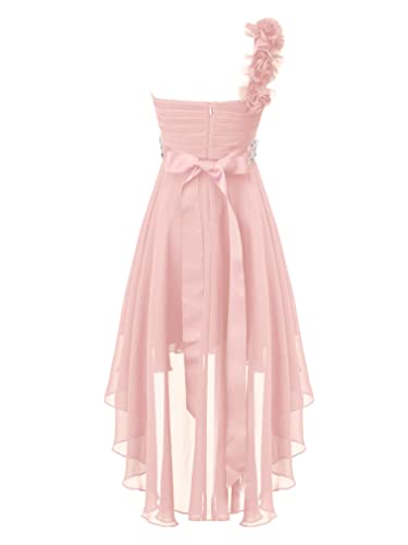 renvena Kids High Low Flower Girls Dress One Shoulder Sparkly Rhinestone Chiffon Bridesmaid Wedding Party Gown2