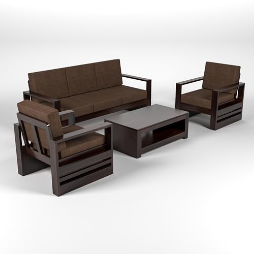 Image of Solid Sheesham Wood 5 Seater Sofa Set (3+1+1) - Elegant Wooden Sofa Set for Living Room Home Decor (Design 9)