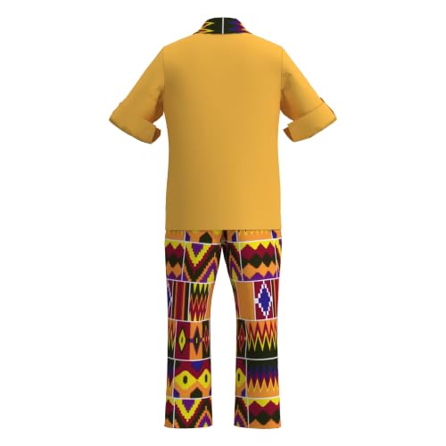 Image of XIAOHUAGUA African Clothes for Boy Kids African Outfit 2 Pcs Set Kente Print Shirt and Long Pants