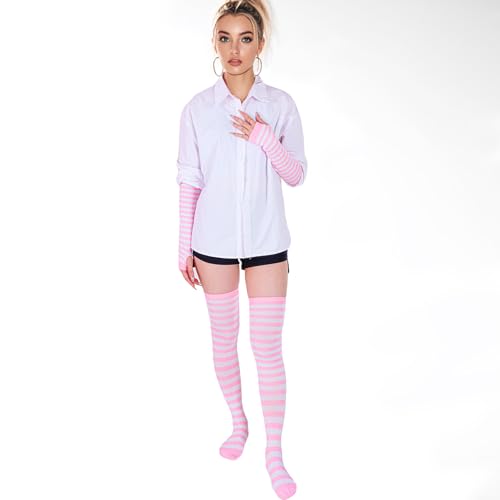 Image of Tongcloud Women's Striped Knee High Socks, Over Knee Thigh High Socks, Arm Warmer and Fingerless Gloves Set