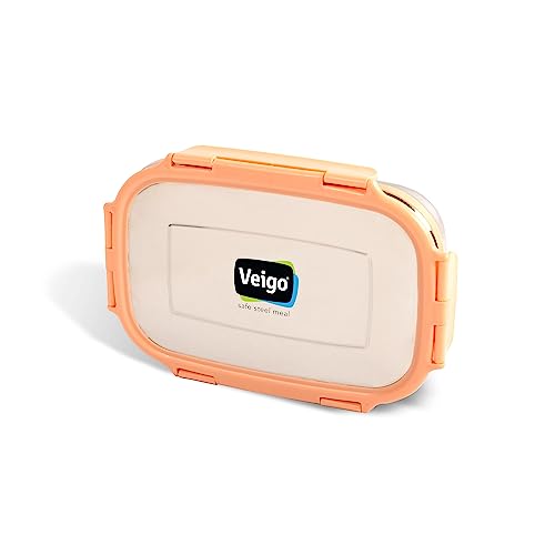 Veigo Steel Lunch Boxes for Office Men, Tiffin Box for Office Men, Lunch Box for Kids, Jumbo 950 ml, 180 ml Veg Box | Detachable Clips | Leakproof & Airtight | Durable Stainless Steel Lid | Peach
