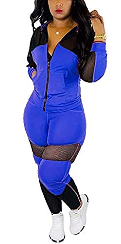 Aro Lora Womens Long Sleeve Sheer Mesh Full Zip Hoodie Bodycon Long Pant Set Two Piece Jumpsuit Jogger Suit Large Blue