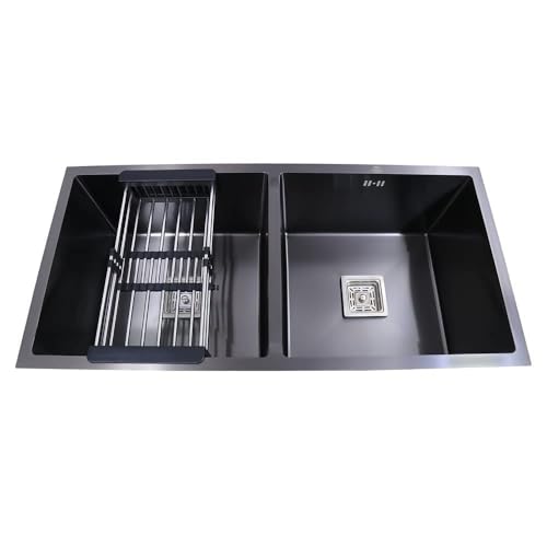 Image of CROCODILE Undermount Double Bowl Kitchen Sink, 304 Grade Stainless Steel, Black, 37x18 Inch, Handmade with Sound-Dampening, Brushed Finish, Rectangular