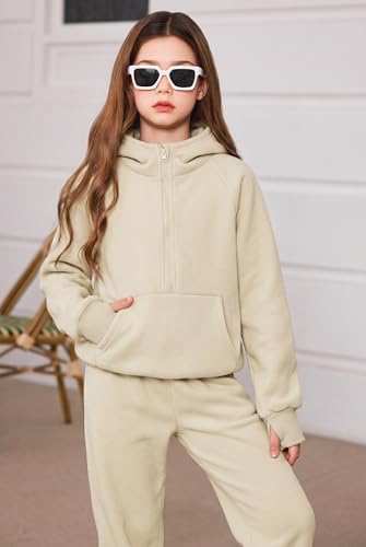 Image of Arshiner Girls 2 Piece Outfits Sweatsuit Half Zip Sweatshirt and Sweatpants | Fall Winter, Drop Shoulder Long Sleeve, Thumbhole Hoodies, with Sweatpant, Jogger Set, Sweat Set, Tracksuits with Pockets