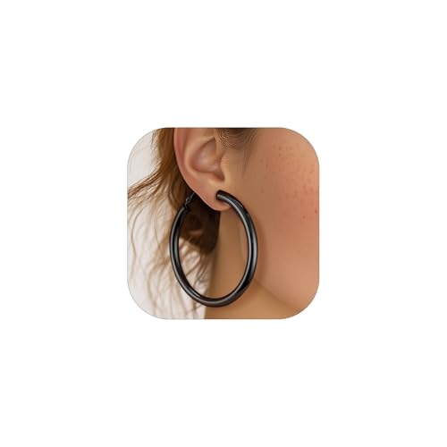 Image of Stainless Steel Chunky Hoop Earrings For Women, Minimalist and Chic, Black /Gold Plated, Round Hoops Earrings Hypoallergenic, Size: 30mm /40mm /60mm /80mm, Come with Box