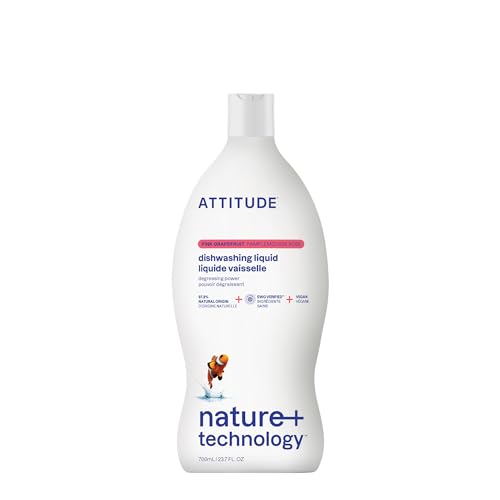 Image of ATTITUDE Dish Soap, EWG Verified, Plant-Based & Vegan Dishwashing Liquid, Naturally Derived, Pink Grapefruit Scent, 23.7 Fl Oz