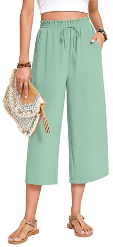 Image of Anyhold Women's Capri Pants Drawstring Casual Palazzo Trousers with Pockets Loose High Waisted Wide Leg Lounge Pants
