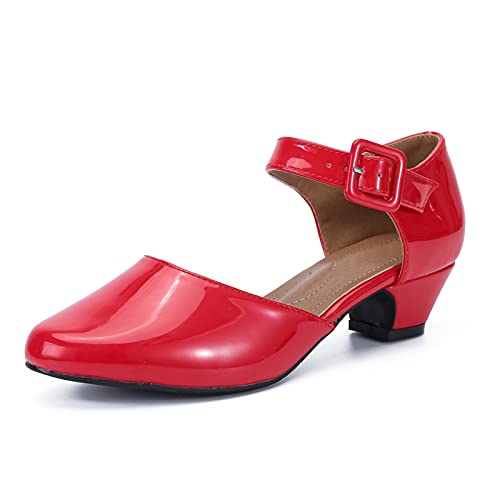 LIURUIJIA Women's Low Block Chunky Heels Closed Toe Ankle Strap Work Wedding Dress Pumps Shoes Red 38 US 7