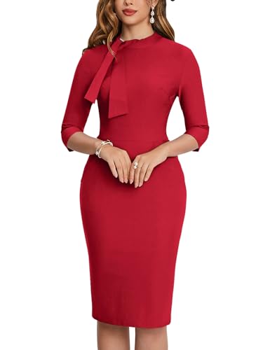 Image of MUXXN Women's Midi Pencil 1950s Vintage Cocktail 3 /4 Sleeve Tie Neck Bodycon Mid-Calf Dress with Pockets