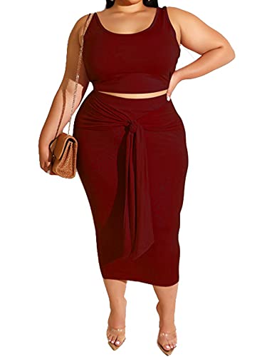 Image of Plus Size Women 2 Piece Outfits Sets Sexy Tracksuit Midi Dress,Sleeveless Tank Top Bodycon Skirts Set Casual Summer