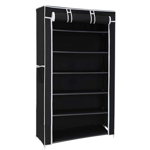 Image of OBBO Multipurpose 6-Shelf Storage Rack with Zip Door & Side Pockets - Dustproof Plastic Organizer for Shoes, Clothes, Toys & More | Foldable Space-Saving Storage Unit - Black