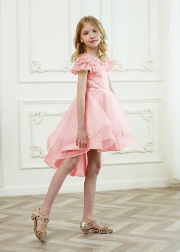 Girls Dresses with Mesh Sleeves Bow Sequin Tulle Ruffle Bridesmaid Flower Girl Lace Pageant Party Formal Gowns Dresses 3-16Y2