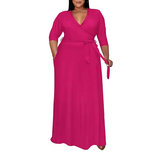 Image of Runwind Plus Size Dress for Women - 3 /4 Sleeve V Neck Maxi Dresses for Women (XL-6XL)
