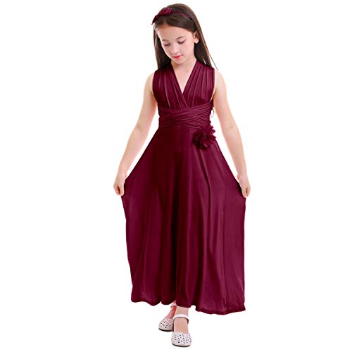 Girl Kid Transformer Convertible Multi Way Wrap Evening Dress Short Sleeveless Wedding Bridesmaid Prom Dance Gown Loose Fit Full Length Long Dancewear Praise Liturgical Dress Red 12-14