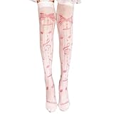 Tmboryuu Oberschenkelhohe Damenstrümpfe mit Schleife und Musiknotenmuster, Cosplay, Party, Anime, über Knie, Röhrensocken, Strumpfwaren, süße Mädchen, Socken