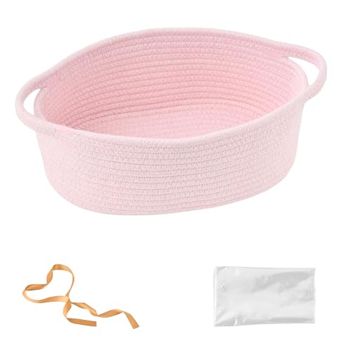 Small Woven Gift Basket Empty with Bag & Ribbon Storage Basket for Fathers Day for Dad Baby Shower Raffle Birthday Cute Organizer with Handles 12x8x5 Pink