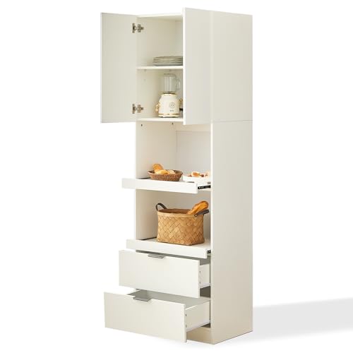 Armario alto para despensa, cocina, de pie, para microondas, comedor, baño, salón, vitrina con puertas, cajones, sistema antivuelco, asas de metal, diseño minimalista (blanco)