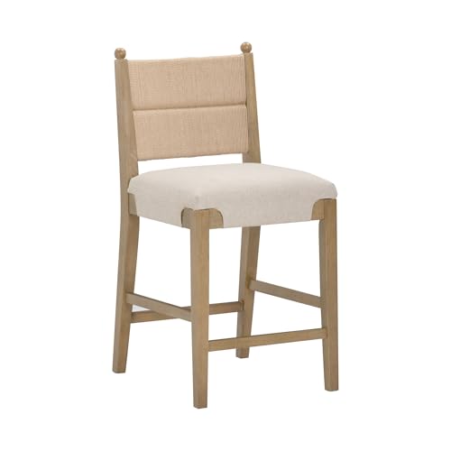 Image of Nathan James Cove Seagrass Counter Stool Wood Upholstered Bar Stool with Natural Flax Cushion and Seagrass Backrest, Light Brown