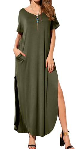Image of GRECERELLE Women's Summer Maxi Dress Casual Loose V Neck Short Sleeve Side Split Long Dresses with Functional Pockets