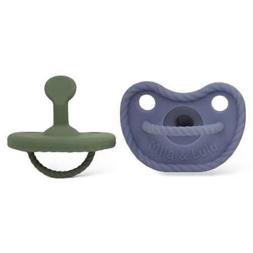 Image of Mila & Lulu Orthodontic Shape Silicone Pacifiers (Set of 2); 0 Months and up; 100% Food Grade Silicone, One Piece Design (Olive/Ocean)