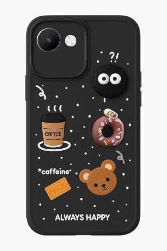 Image of Bintage Cute Fun Ball | Taddy Cartoon 3D Smiley Coffee Cup | Milk Donut | Full Protection Rubber Back Cover Compatible for Realme RMX3690 / Realme C30s - Black