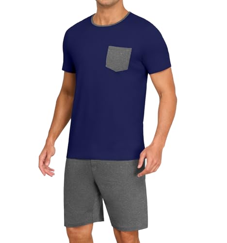Image of PrinStory Mens Summer Pajamas Set Lightweight Pjs Sets Short Sleeve Pajama Shorts Set Soft Sleepwear Loungewear with Pockets