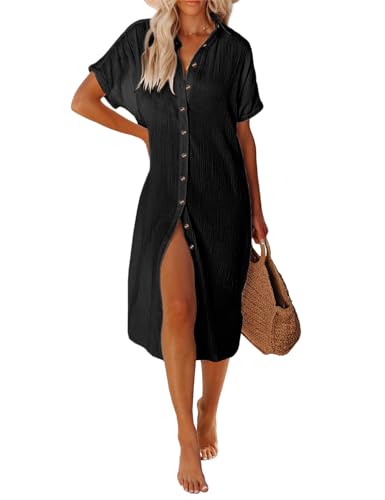 UMIPUBO Women Beach Cover Ups Casual Short Sleeve Beachwear Swimsuit Bikini Cover-Up Button Down Side Split Long Kimonos Bathing Suit Cardigans Beach Dress (Black, XL)