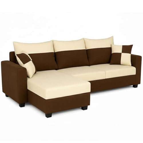 Image of Furny Arevva 4 Seater Fabric LHS L Shape Sofa Set (Cream-Dark Brown)