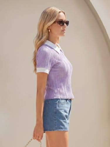 Image of Leriya Fashion Women's Ribbed Knit Polo Top - Short Sleeve Slim Fit Collared T-Shirt, Lightweight Breathable Summer Casual Blouse for Office, Daily, Vacation & Street Style