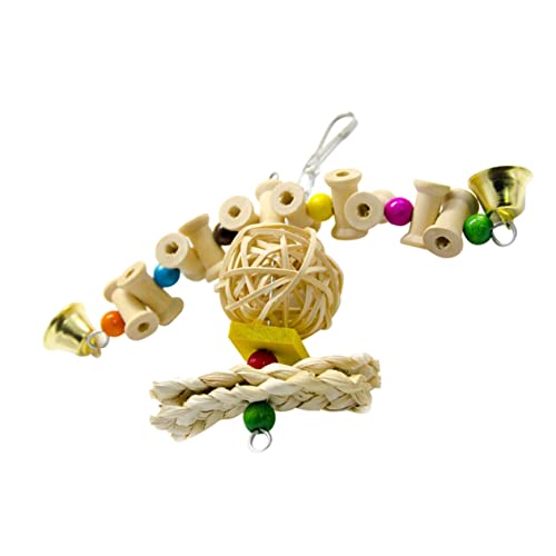 POPETPOP Wooden Parrot Swing with Rattan Ball Bell Colorful Bird for Cage Garden Durable Hanging Bird Swing for Parrots Birds Plaything for