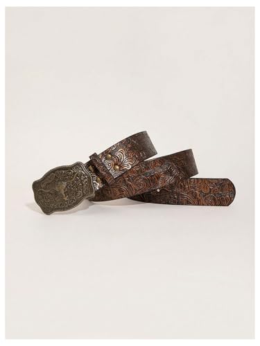 SHENHE Women's PU Leather Western Belt Vintage Engraved Buckle Belt Embossed Tribal Belt3