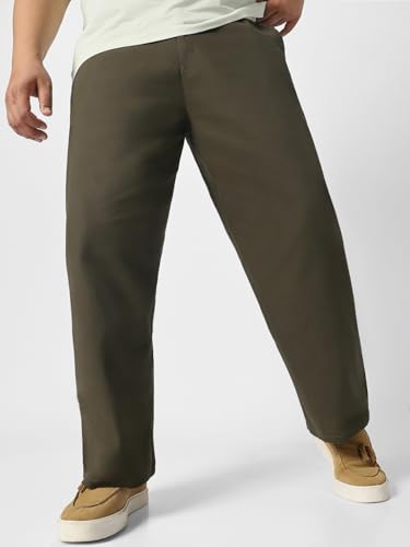 Image of Urbano Plus Men's Loose Mid Rise Baggy Fit Solid Chino Trousers Non-Stretchable