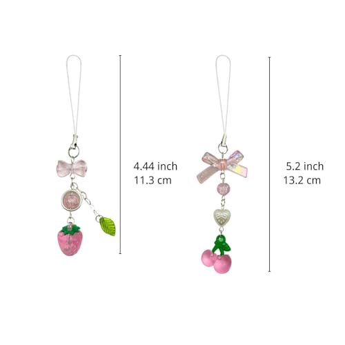 Strawberry Cherry Phone Charms Aesthetic Y2K Cell Phone Charm Cute Strap Accessories with Leaves and Heart for Phone Bag Keychain Camera Pendants Decor (Pink)