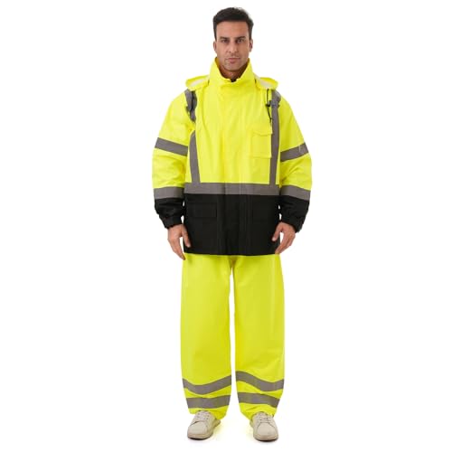 Image of Hi Vis Safety rain Jacket,Reflective Class 3 Rain coat with Inner Mesh Lining and Pockets High Visibility Waterproof work Rain Suits for men&women(Lime,SM /MD)