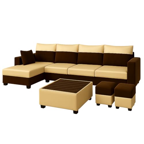 Image of FURNY Arissa 8 Seater Fabric LHS L Shape Sofa Set with 1 Centre Table & 2 Puffy (Cream-Dark Brown) Premium Velvet Finish | Durable Comfort | Ideal for Living Room