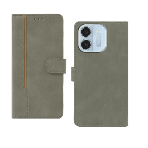 Image of amazon basics Ai+ Pulse 2 5G Flip Cover | Card Pockets Wallet & Stand | Flip Cover for Ai+ Pulse 2 5G (Gray with Beige Strip)