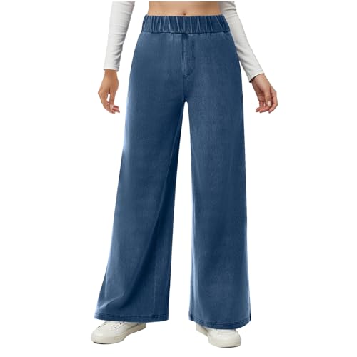 Women Elastic Waist Wide Leg Denim Pants, Classic Baggy Jean Pants Streetwear Fashion Casual Clothes with Pockets2