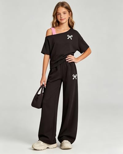 Image of Teen Girls Clothes Off the Shoulder Top and Wide Leg Pants Matching Outfit Set with Pockets Size 7-16