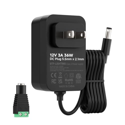 Image of BTF-LIGHTING 12V 3A 36W ETL Listed Power Supply Adapter, AC100-240V Input | Class 2 Transformer with 5.5mm x 2.1mm DC Jack, Wall Plug for Low Voltage LED Lights, CCTV Camera, Electronics