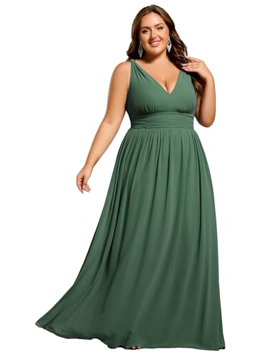 Image of Ever-Pretty V Neck Sleeveless Pleated Chiffon Maxi Plus Size Formal Dress for Women Bridesmaid Dresses 09016-DA