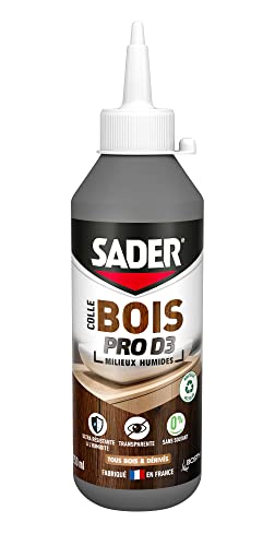 Sader Colle Vinylique Bois Pro D3 – Colle d'Assemblage et de Placage du Bois – Colle D3 Menuiseries Intérieures et Extérieurs Abrités – Colle Bois Humide – Transparente – Biberon 250 g