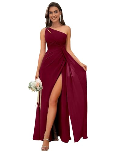 Image of OFEECHUN Women's Chiffon One Shoulder Bridesmaid Dresses Long Pleated Formal Evening Gowns with Slit